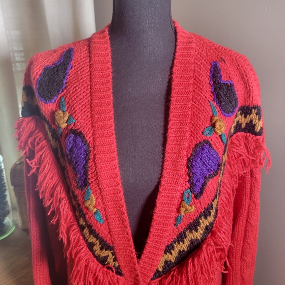 VINTAGE WESTERN FRINGE BOHO RED LONG CARDIGAN - Picture 6 of 10
